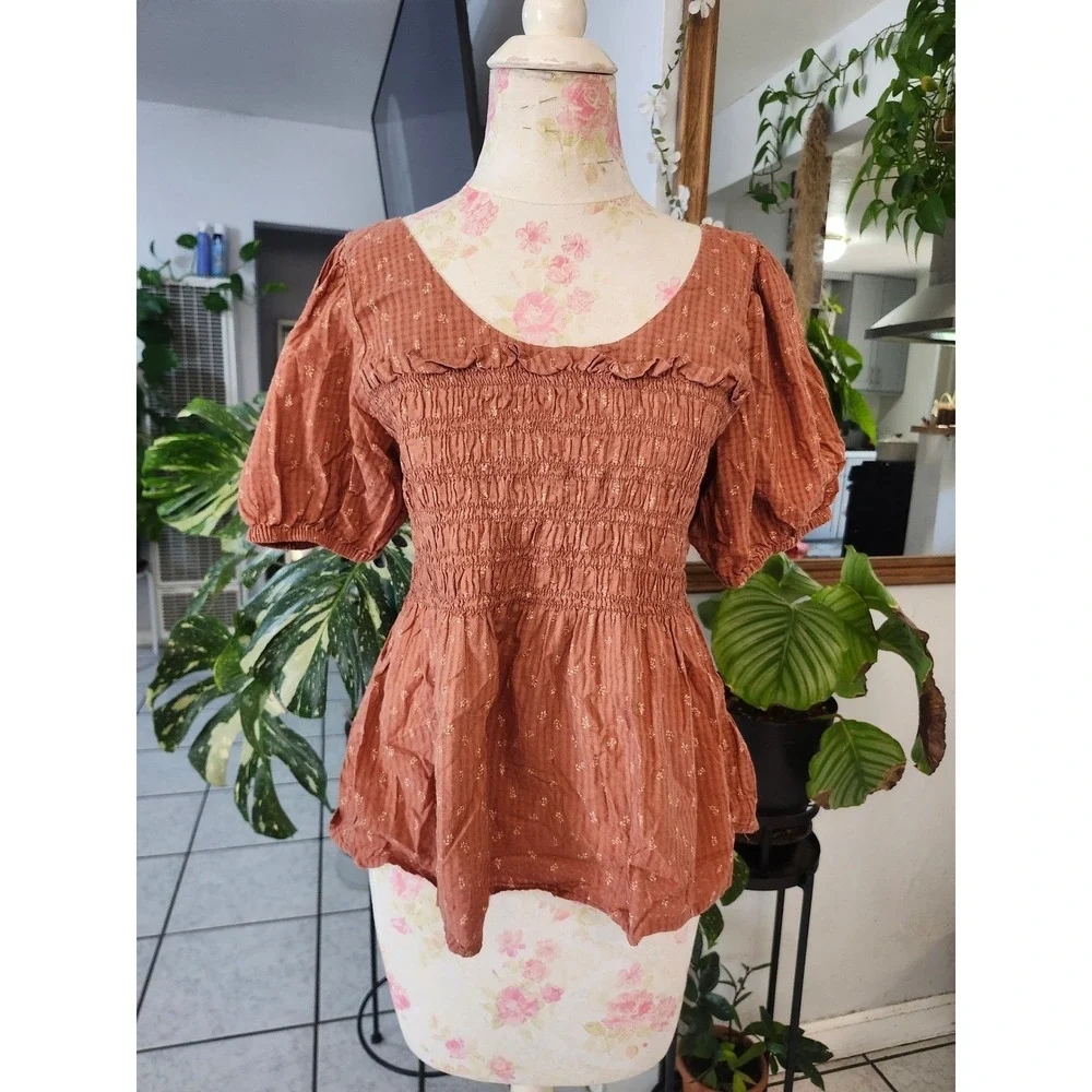 Madewell Brown‎ Smocked Puff Sleeve Peplum Top Size 6 Cottagecore Boho